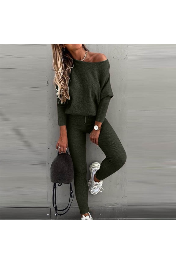 Lounge Sets for Women Ribbed Knit Sets 2 Piece Dew Shoulder Long Sleeve Tops Drawstring Legging Solid Fall Tracksuits Sets