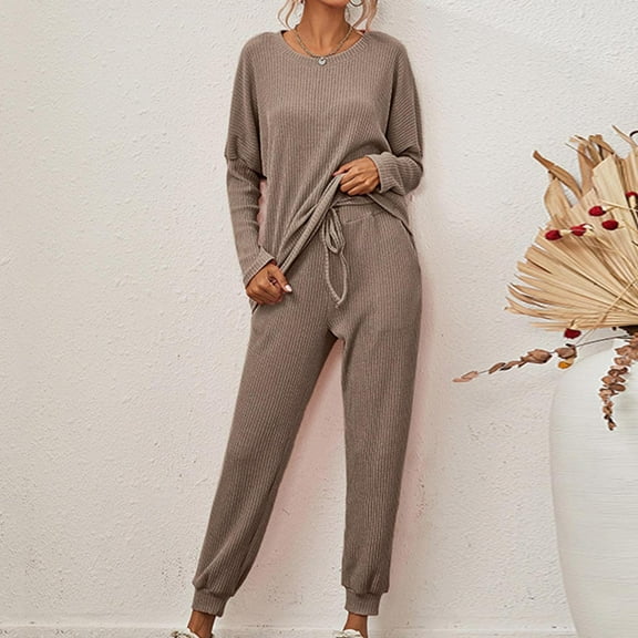 Frostluinai Lounge Sets for Women Solid Ribbed Knit 2 Piece Long Sleeve Crew Neck Pullover Drawstring Pants Plus Size Loungewear Sets