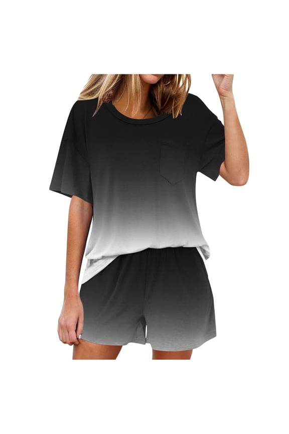 Lounge Sets for Women Trendy Gradient Tracksuits Short Sleeve Tops Wide Leg Shorts Loose Fit Loungewear Sets with Pockets