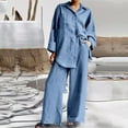 thumbnail image 1 of Frostluinai Lounge Wear for Women Cotton Linen 2 Piece Button Down Shirts Long Sleeve Loungewear Sets Straight Wide Leg Pants Sets with Pocket, 1 of 4