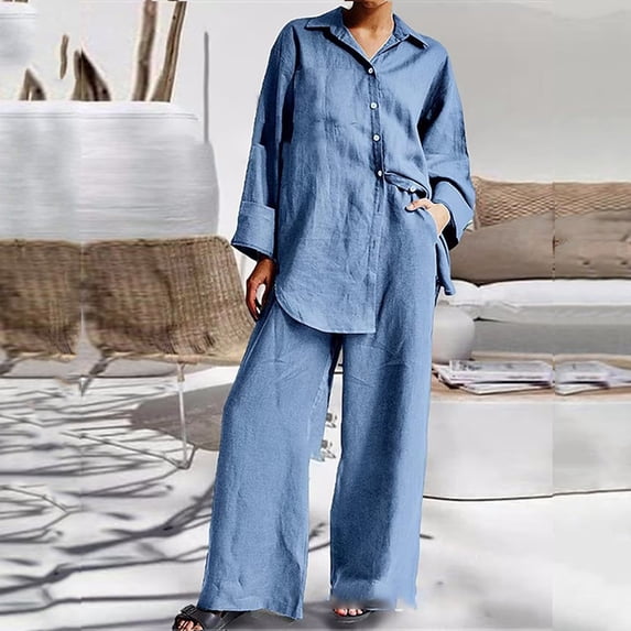 Frostluinai Lounge Wear for Women Cotton Linen 2 Piece Button Down Shirts Long Sleeve Loungewear Sets Straight Wide Leg Pants Sets with Pocket