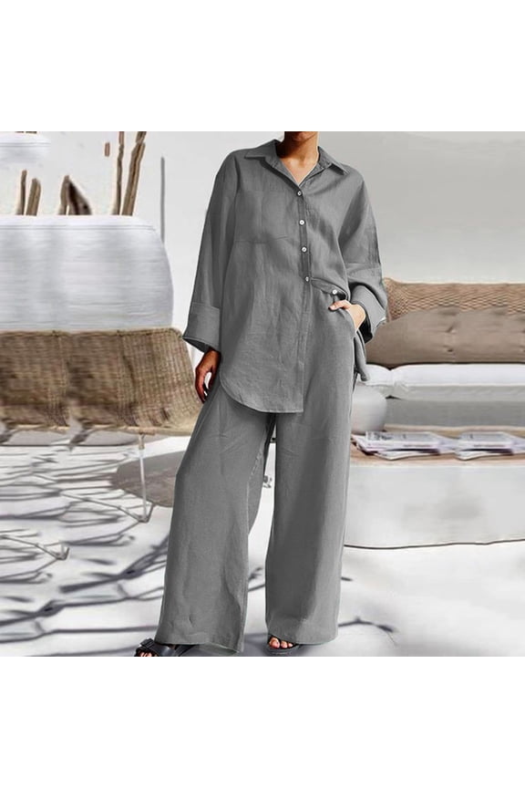 Lounge Wear for Women Cotton Linen 2 Piece Button Down Shirts Long Sleeve Loungewear Sets Straight Wide Leg Pants Sets with Pocket