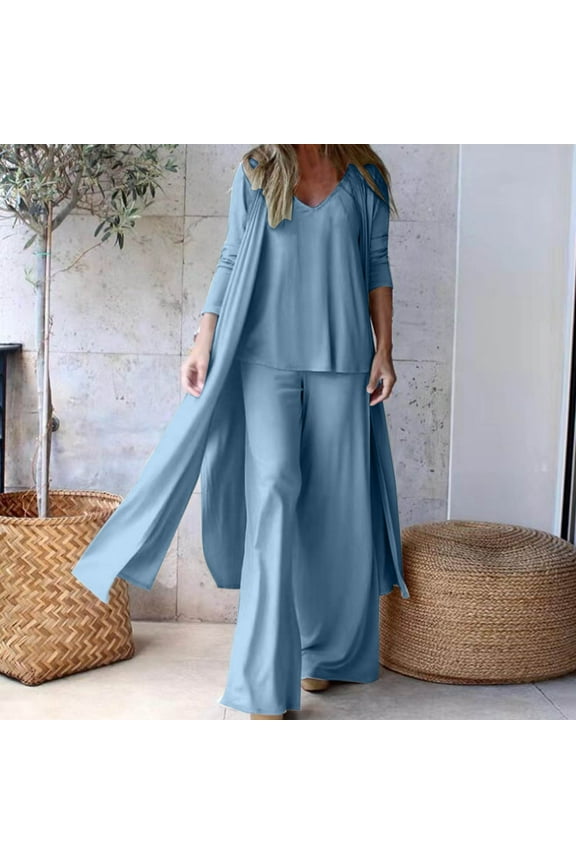 Loungewear Sets Woman Solid Sets 2 Piece Split Cardigan Camisole Palazzo Pants Plus Size Pajamas Sets Lightweight Fall Sets