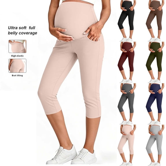 Frostluinai Maternity Capris Leggings with Pockets Over The Belly Butt Lift Soft Workout Pregnancy Yoga Pants for Postpartum