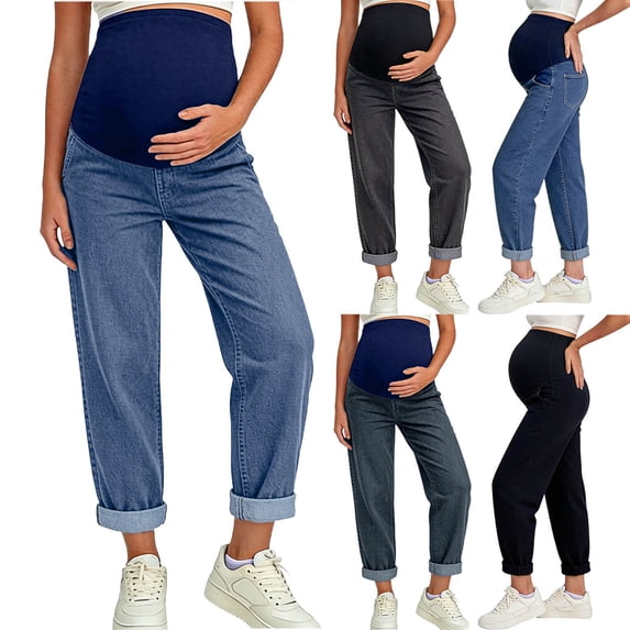 Frostluinai Maternity Jeans for Women Stretch Barrel Jeans Over The Belly Pregnancy Denim Pants with Button Waist Pockets