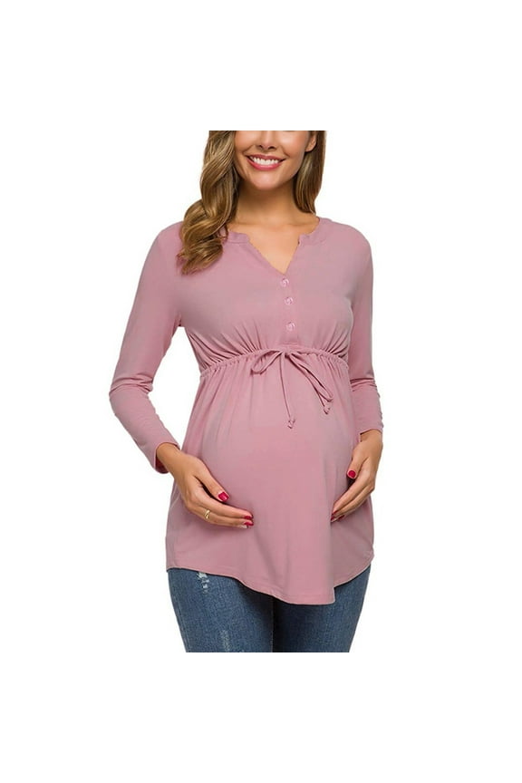 Maternity Shirts,Women'S Maternity Tops V-Neck Front Pleat Tunic Pregnancy Shirts Nursing Blouse Long Sleeve Bandage Solid Color Tops