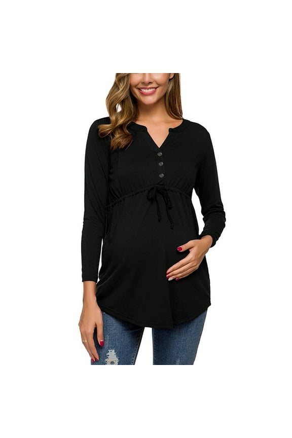 Maternity Shirts,Women'S Maternity Tops V-Neck Front Pleat Tunic Pregnancy Shirts Nursing Blouse Long Sleeve Bandage Solid Color Tops