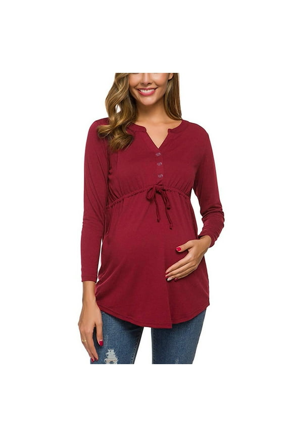 Maternity Shirts,Women'S Maternity Tops V-Neck Front Pleat Tunic Pregnancy Shirts Nursing Blouse Long Sleeve Bandage Solid Color Tops