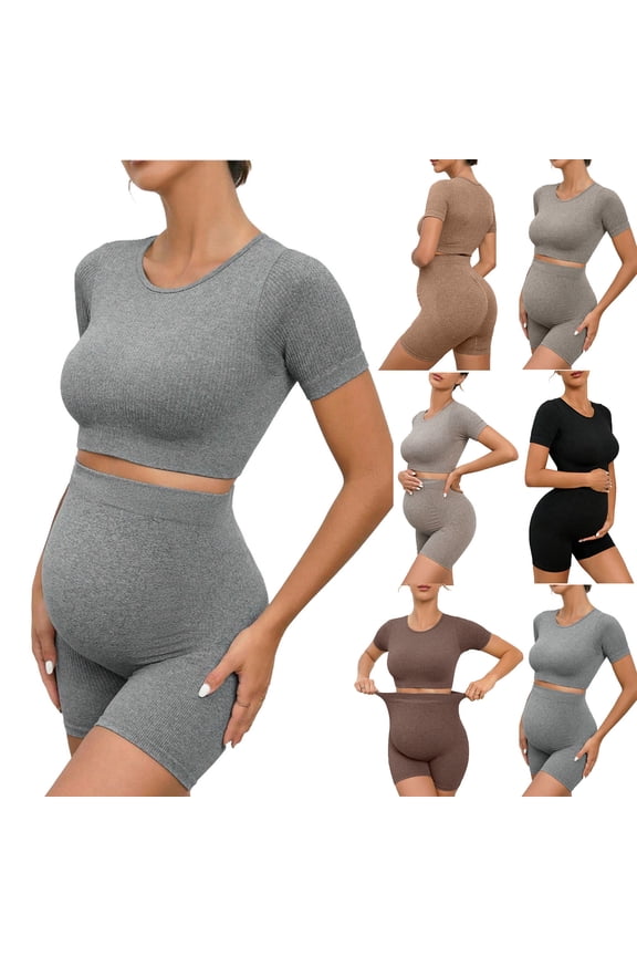 Maternity Workout Sets for Women 2 Piece Stretch Slim Fit Crop Tops High Waist Shorts Pregnancy Yoga Sporty Outfits
