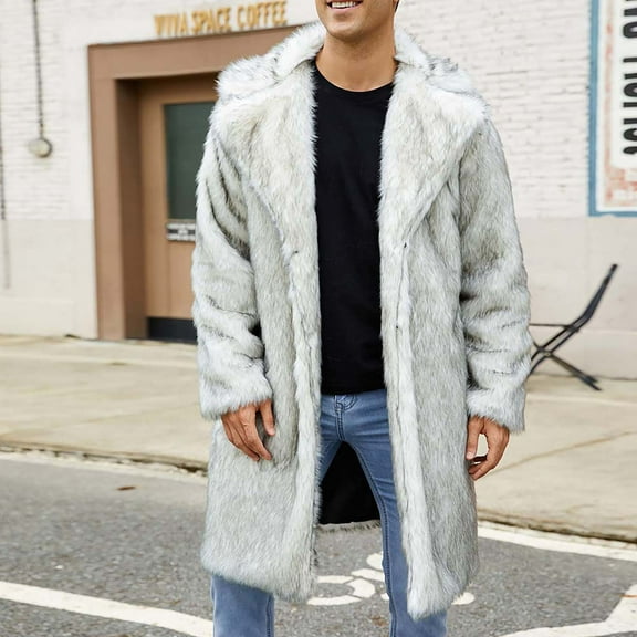 Frostluinai Men's Faux Fur Winter Coats Oversized Notck Lapel Collar Warm Jackets Fluffy Open Front Long Sherpa Jackets Fuzzy Outerwear