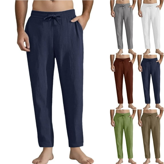 Frostluinai Mens Cotton Linen Pants with Pocket Drawstring Elastic Waist Beach Pants Solid Baggy Straight Leg Pants Big and Tall Harem Pants