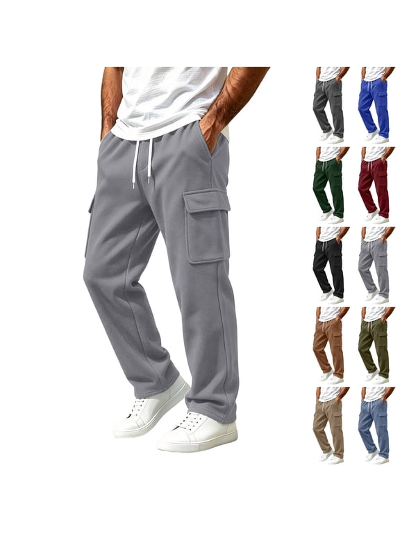 Mens Fleece Line Sweatpants Cargo Joggers Open Bottom Track Pants Solid Lightweight Running Outdoor Sweat Pant with Pocket S-3XL