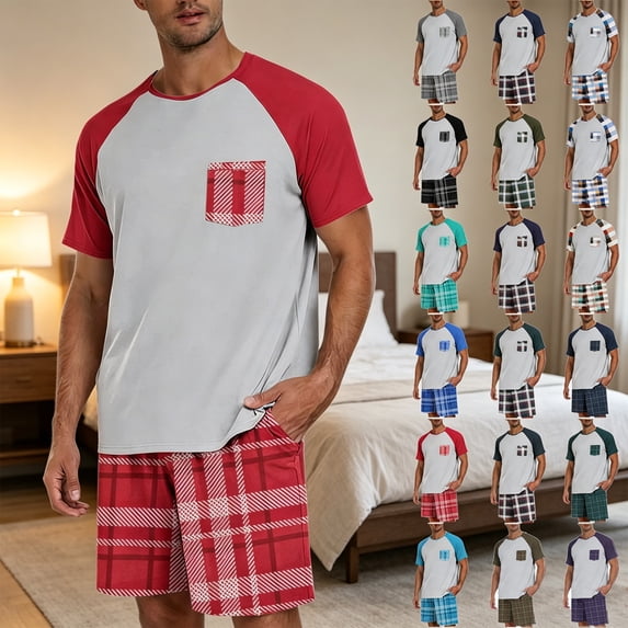 Frostluinai Mens Pajama Set Cotton Summer Pjs Raglan Short Sleeve Sleepwear Shorts Lightweight Pajamas 2 Pieces Loungewear with Pockets S-2XL