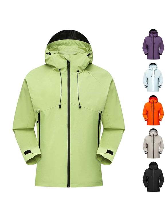 Mens Rain Jacket Waterproof with Hooded Hiking Coat Lightweight Windbreaker Drawstring Full Zip Solid Raincoat with Zipper Pocket