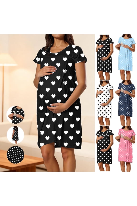 Nursing Dress Summer Short Sleeve Breastfeeding Casual Knee Length Maternity Dresses Polka Dot Print Pregnancy Dress Loungewear Gray S
