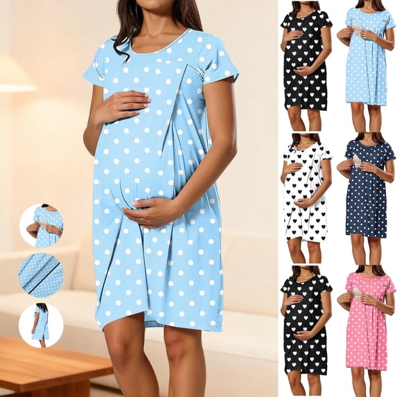 Frostluinai Nursing Dresses Breastfeeding Women Maternity Nightgown Hospital Gowns Labor Delivery Short Sleeve Love Print Pregnancy Dress Black L