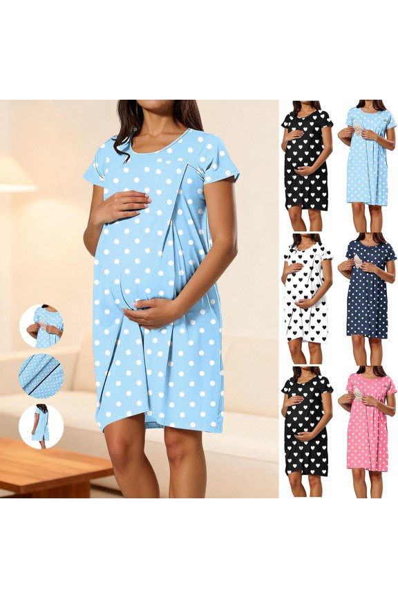 Nursing Dresses Breastfeeding Women Maternity Nightgown Hospital Gowns Labor Delivery Short Sleeve Love Print Pregnancy Dress Black S