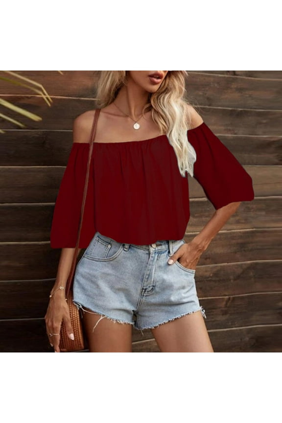 Off Shoulder Tops for Women Strapless 3/4 Sleeve T Shirts Solid Color Lounge Shirts Flowy Summer Blouses Lightweight Tees