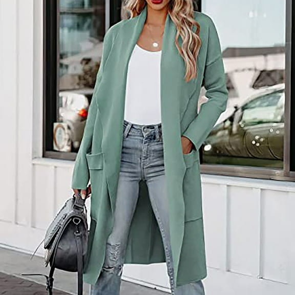 Frostluinai Open Front Cardigan for Women Long Sleeve Lapel Casual Knit Sweater Jackets Fashion Solid Color Fall Long Coat with Pockets