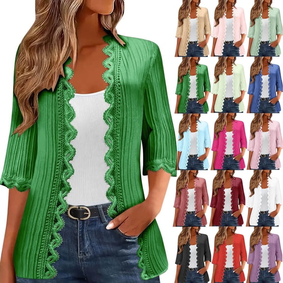 Frostluinai Open Front Cardigans for Women 3/4 Sleeve Solid Textured Cover Up Lace Trim Casual Loose Kimonos Lightweight Cardigans