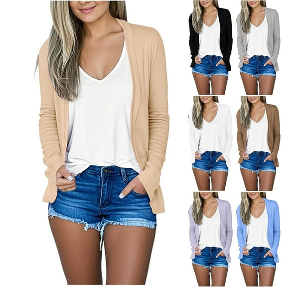 Frostluinai Open Front Cardigans for Women Long Sleeve Solid Jackets Lightweight Summer Cardigans Casual Beach Cover Ups with Pocket
