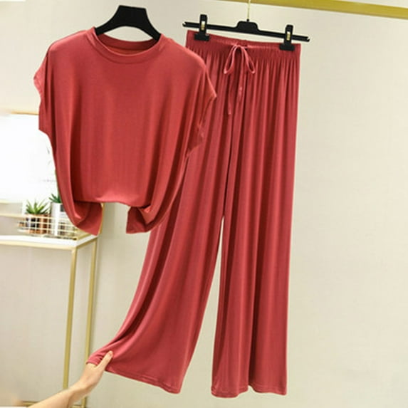 Frostluinai Outfits for Women 2 Piece Sets Cap Sleeve Shirts High Waist Drawstring Wide Leg Pants Baggy Lounge Sets Solid Color Tracksuits