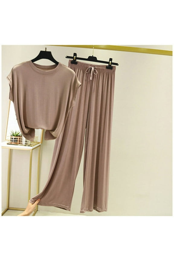 Outfits for Women 2 Piece Sets Cap Sleeve Shirts High Waist Drawstring Wide Leg Pants Baggy Lounge Sets Solid Color Tracksuits