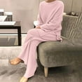 thumbnail image 1 of Frostluinai Outfits for Women 2 Piece Sets Solid Ribbed Knit Sets Crewneck Raglan Tops Elastic Waist Wide Leg Pants Casual Slit Hem Loungewear, 1 of 9