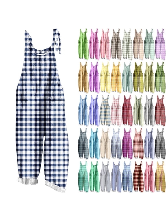 Overall Jumpsuit for Women Sleevelees Linen Overalls Casaul Striped Jumpers Vintage Baggy Rompers Long Pants with Pocket Plus Size