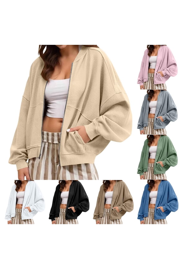 Oversized Bomber Jackets for Women Zip Up Long Sleeve Drop Shoulder Sweatshirts Solid Loose Fit Jacket Coats with Pockets