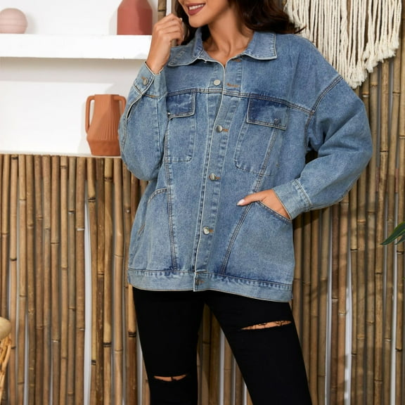Frostluinai Oversized Denim Jacket Women Long Sleeve Distressed Jean Jacket Button Down Lapel Collar Denim Coats Loose Fit Jean Coats with Pocket