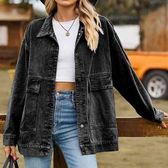 Frostluinai Oversized Denim Jacket Women Long Sleeve Vintage Jean Jacket Button Down Lapel Collar Denim Coats Lounge Loose Jacket with Pocket