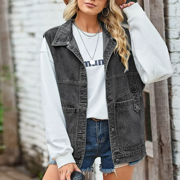 Frostluinai Oversized Denim Vests for Women Sleeveless Vintage Jean Vests Button Front Lapel Collar Denim Coats Distressed Jean Coat with Pocket