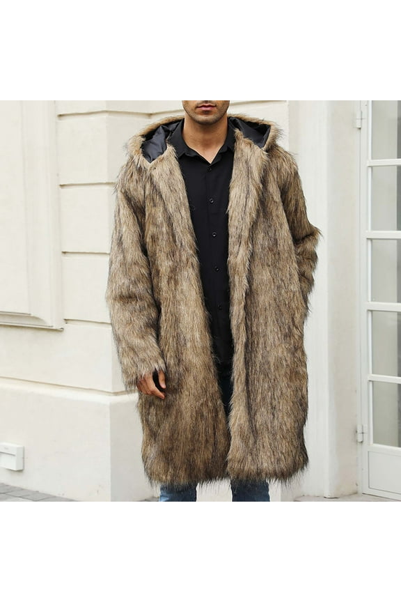 Oversized Hooded Winter Coats Men Warm Shaggy Faux Fur Jackets Fluffy Open Front Overcoats Fuzzy Long Sherpa Outwear with Pocket