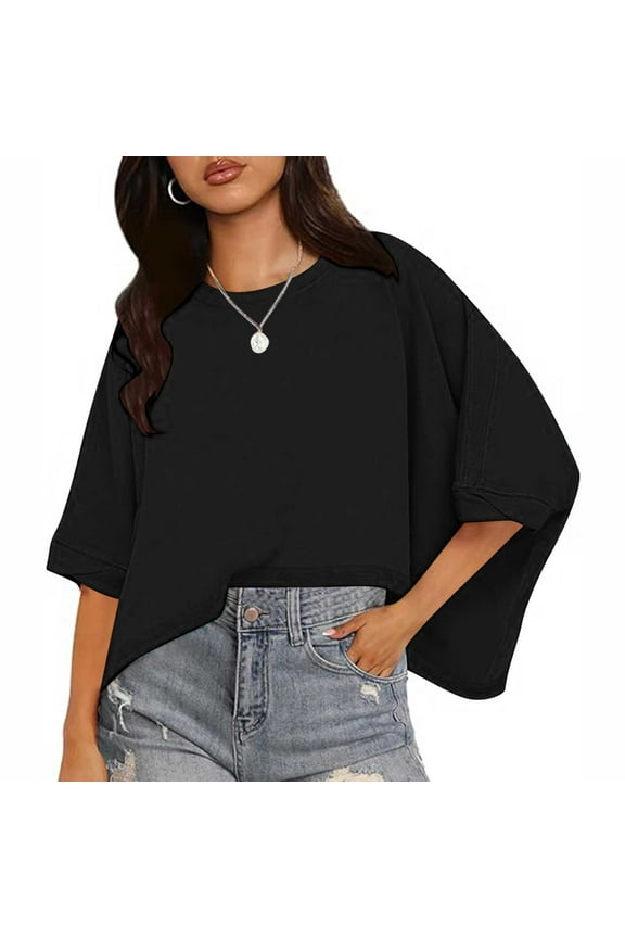 Oversized Shirts for Women 3/4 Sleeve Drop Shoulder Crop Tops Crwe Neck Solid Color Lounge T Shirts Loose Fit Blouses Tees