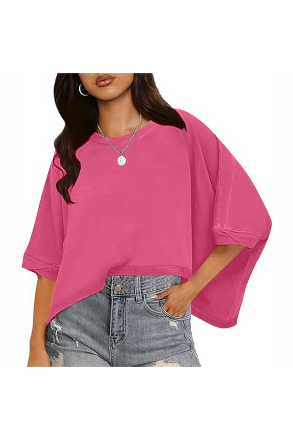 Oversized Shirts for Women 3/4 Sleeve Drop Shoulder Crop Tops Crwe Neck Solid Color Lounge T Shirts Loose Fit Blouses Tees