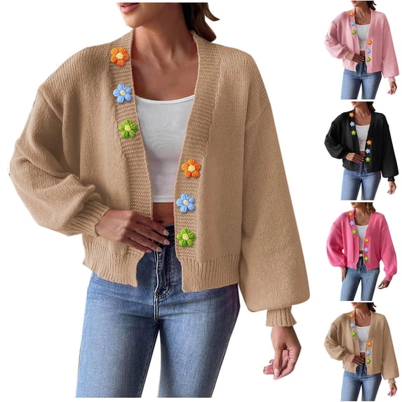 Frostluinai Oversized Sweater Cardigans Womens Open Front Cropped Sweaters Long Sleeve Drop Shoulder Knit Cardigans with Flower