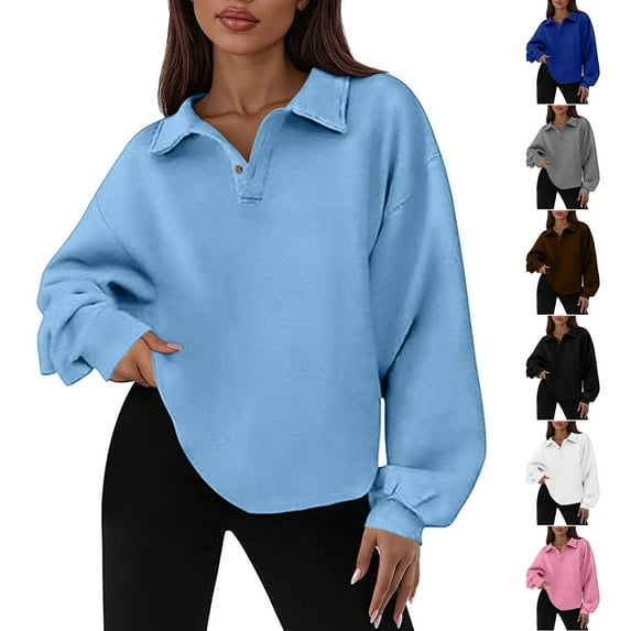 Frostluinai Oversized Sweatshirts Women Button Up Collar Fleece Pullover Tops Long Sleeve Drop Shoulder Crop Sweatshirts Loose Y2K Sweat Shirts