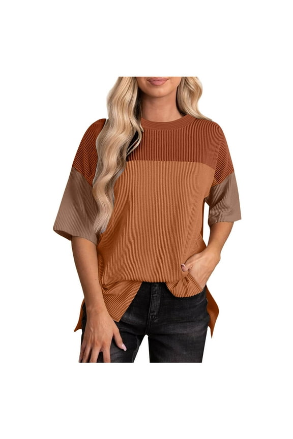 Oversized Tops for Women Crew Neck Ribbed Knit Blouses Short Sleeve Drop Shoulder Tshirts Color Block Loose Tees Slit Hem Shirts