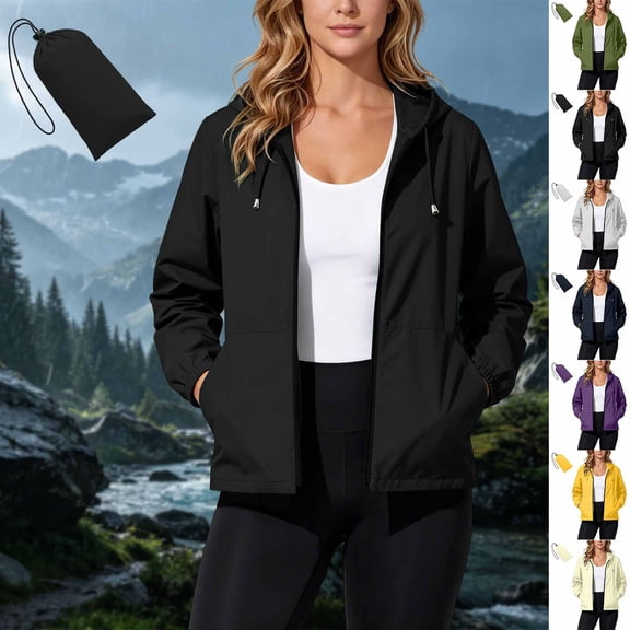 Frostluinai Packable Rain Jacket Women Lightweight Waterproof Cropped Raincoat with Hood Cycling Bike Jacket Windbreaker Daily Outerwear with Pocket