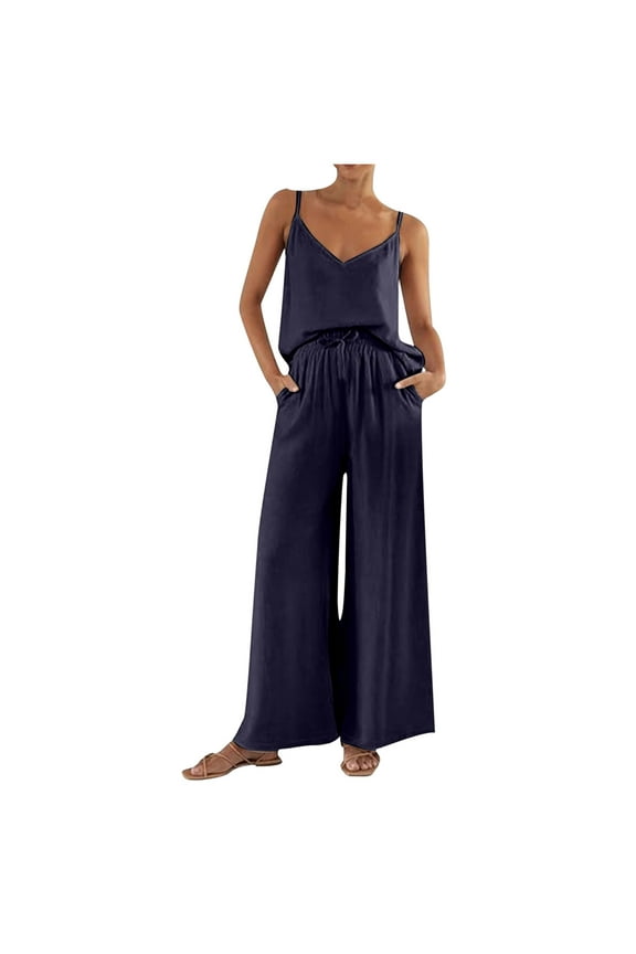 Pajama Sets for Women 2 Piece Spaghetti Strap Camisole Elastic Waist Palazzo Pants Solid Comzy Sleepwear Sets Soft Loungewear