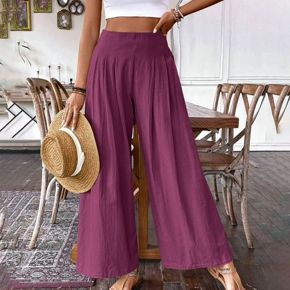 Frostluinai Palazzo Pants for Women High Elastic Waisted Wide Leg Lounge Capris Solid Color Straight Leg Comfy Capris Beach Vacation Pants