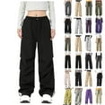 thumbnail image 1 of Frostluinai Parachute Pants Woman Drawstring Elastic Waist Baggy Wide Leg Cargo Pants Solid Waterproof Hiking Trousers with Pocket, 1 of 9