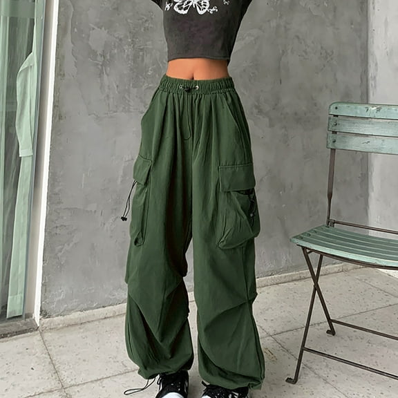 Frostluinai Parachute Pants for Women Baggy Fit Cargo Pants Elastic Waisted Drawstring Wide Leg Trousers Plus Size Solid Streetwear Pants with Pockets