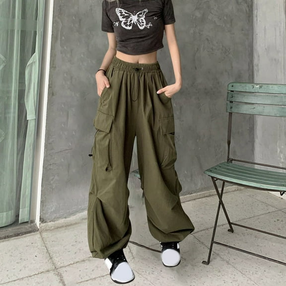 Frostluinai Parachute Pants for Women Baggy High Waist Cargo Pants Oversized Ruched Cinch Bottom Sweatpants Solid Fashion Y2K Streetwear Pants
