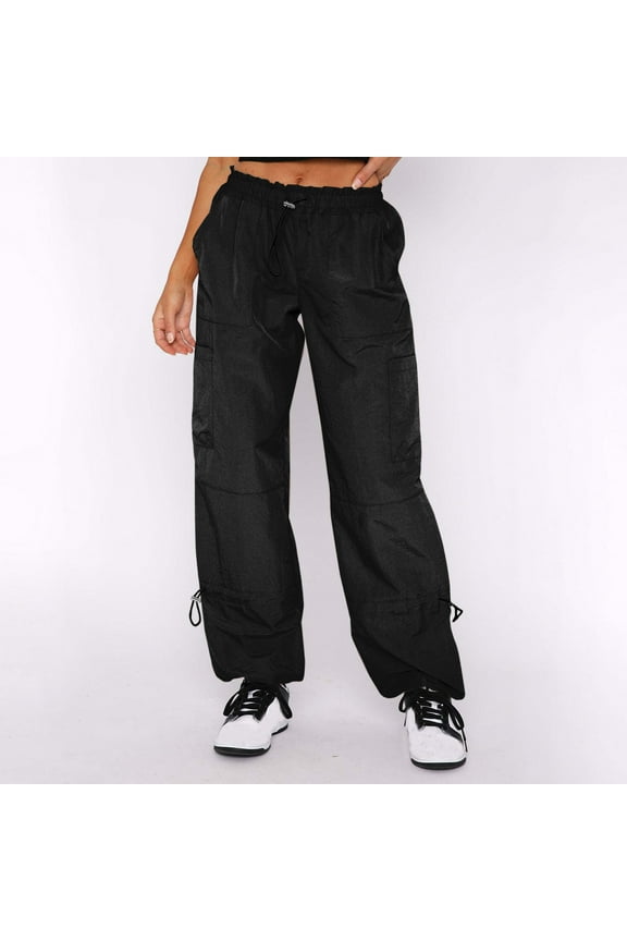 Parachute Pants for Women Elastic Waisted Baggy Fit Cargo Pants Wide Leg Loose Fit Trouser with Pockets Streetwear Pants