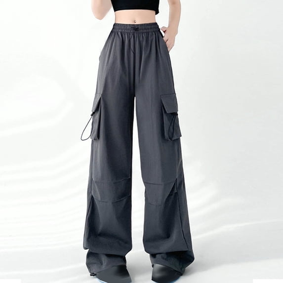 Frostluinai Parachute Pants for Women Y2K Wide Leg Pants Drawstring Elastic Waist Baggy Pants Solid Comzy Straight Leg Pants Lightweight Cargo Pants
