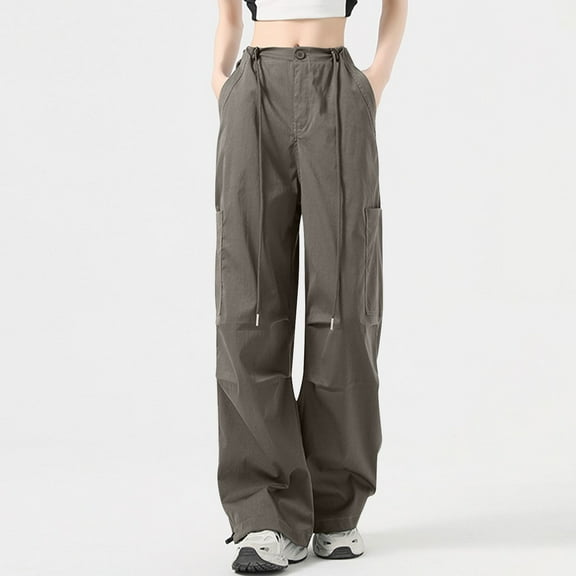 Frostluinai Parachute Pants for Women Y2K Wide Leg Pants Drawstring Elastic Waist Baggy Pants Solid Comzy Straight Leg Pants Lightweight Cargo Pants