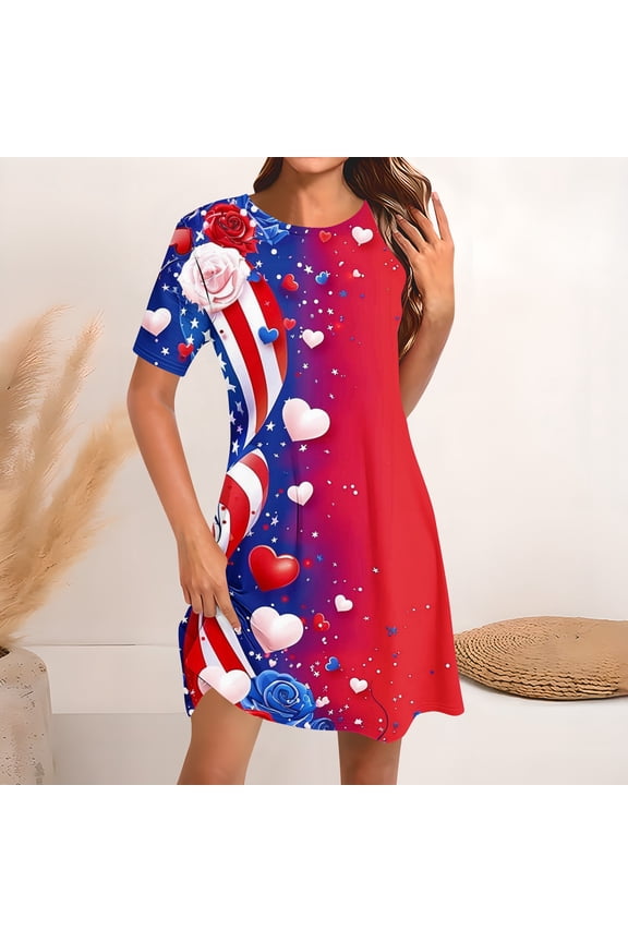 Patriotic Dress for Women Short Sleeve Fourth July Party Dress Crew Neck USA Stars Striped Sundress Lightweight Midi Dress