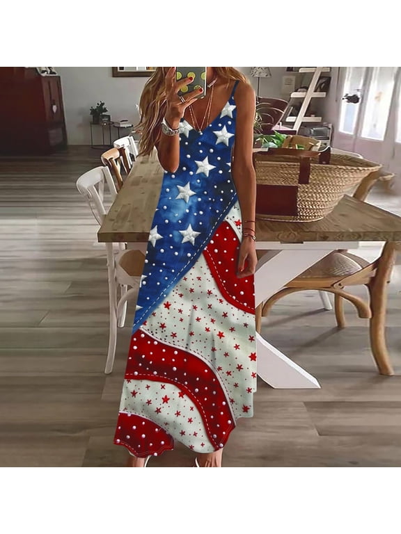 Patriotic Dress for Women V Neck Spaghetti Strap Maxi Dress Summer American Flag Graphic Beach Dress 4th of July Flowy Dress